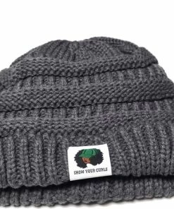 Coupon 🧨 Show Your Curls | Gebreide Slouchy Muts | Beanie | Satijn Gevoerd | Dames | Krullend Haar Producten | Donkergrijs ❤️