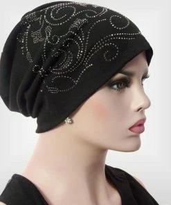 Korting 👍 AOP Chemo Muts Met Strass Steentjes Kleur Zwart Maat One Size 🎁