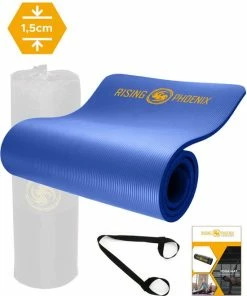 Flash-uitverkoop 🤩 Rising-Phoenix RP® Fitness Mat Yoga Mat Anti Slip Sport Mat 1,5 Cm - Draagtas & Draagriem - Gym Workout Ebook & Poster - Donker Blauw 🤩